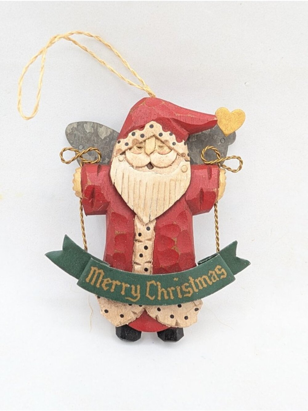 Ornament Wooden Santa with Tin Wings holding sign 'Merry Christmas' 4"